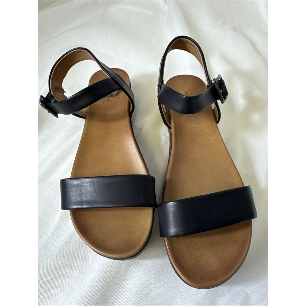 Rock & Candy Black Wedge Heel Sandals 8.5 Strappy Low Mid Heel Buckle CASHEE